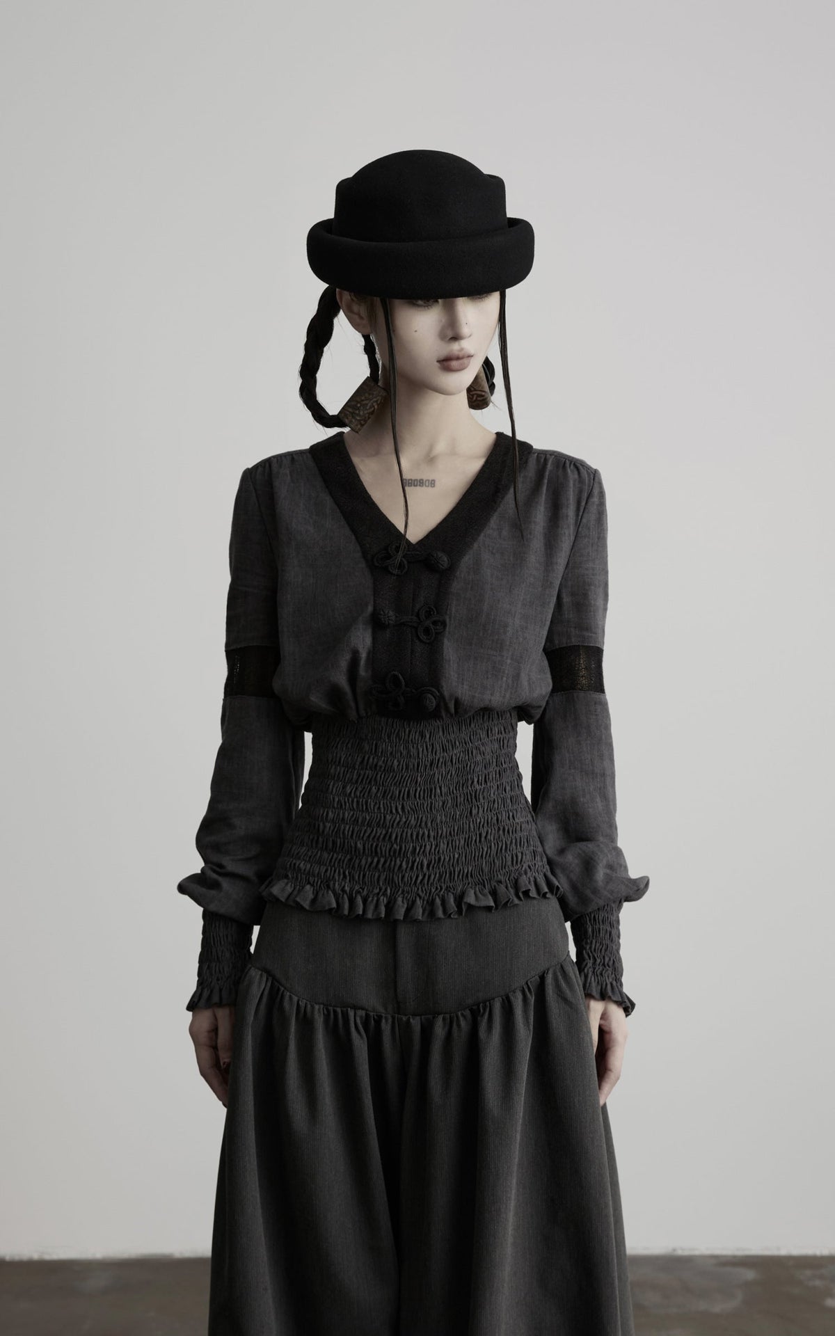 DOINDULGE V-Neck Smocked-Waist Long-Sleeve Blouse