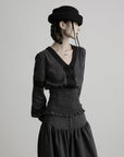 DOINDULGE V-Neck Smocked-Waist Long-Sleeve Blouse