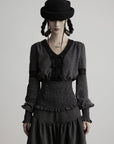 DOINDULGE V-Neck Smocked-Waist Long-Sleeve Blouse