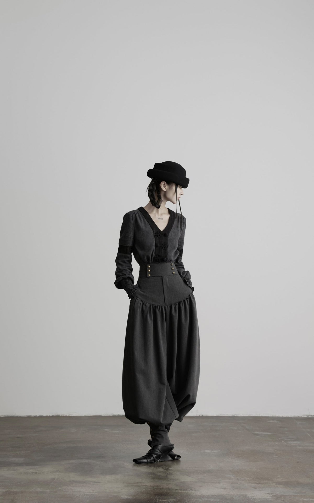 DOINDULGE V-Neck Smocked-Waist Long-Sleeve Blouse