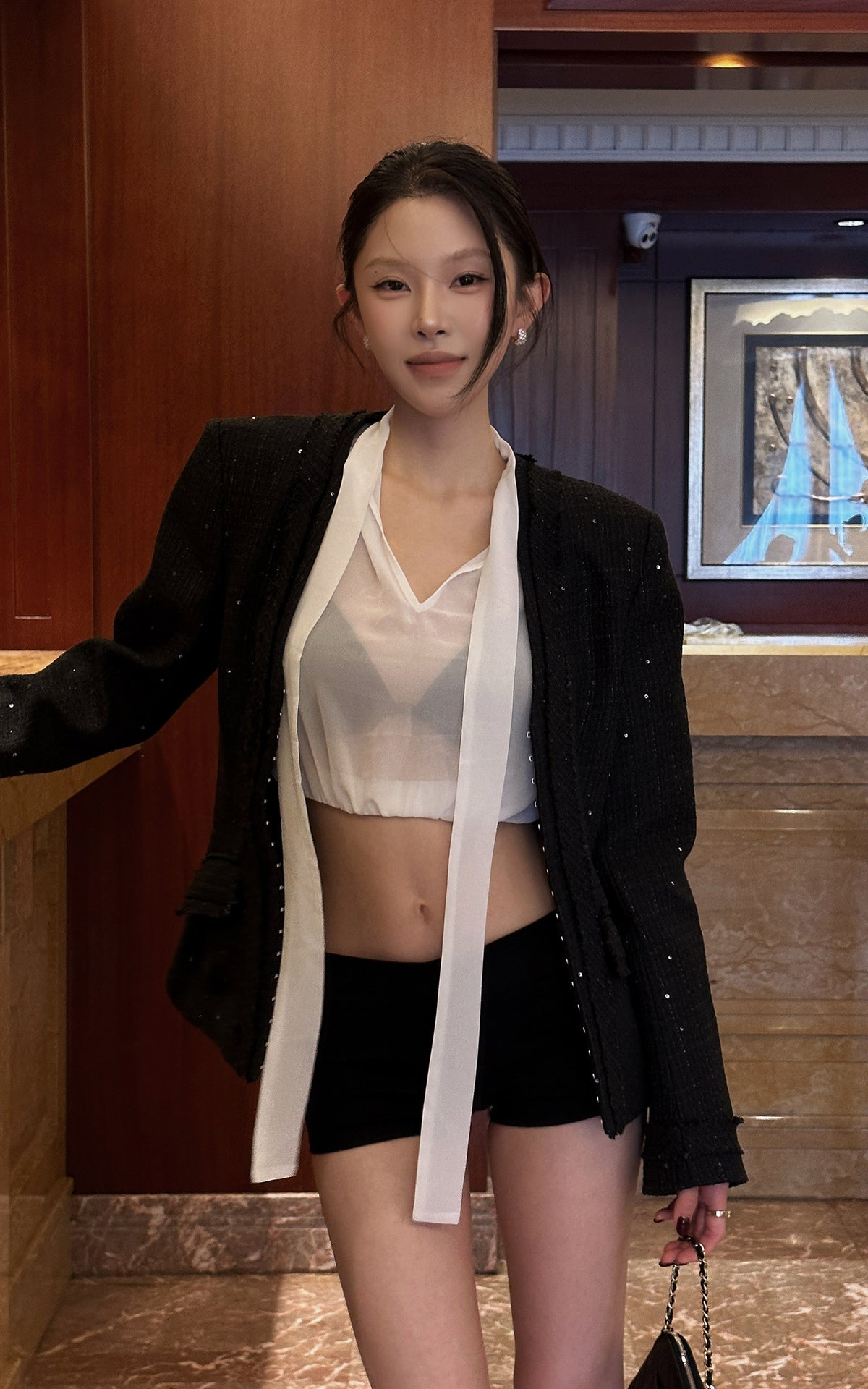 Hydrae Sequin Tweed Sculpted-Waist Deep V-Neck Tailored Fit Blazer