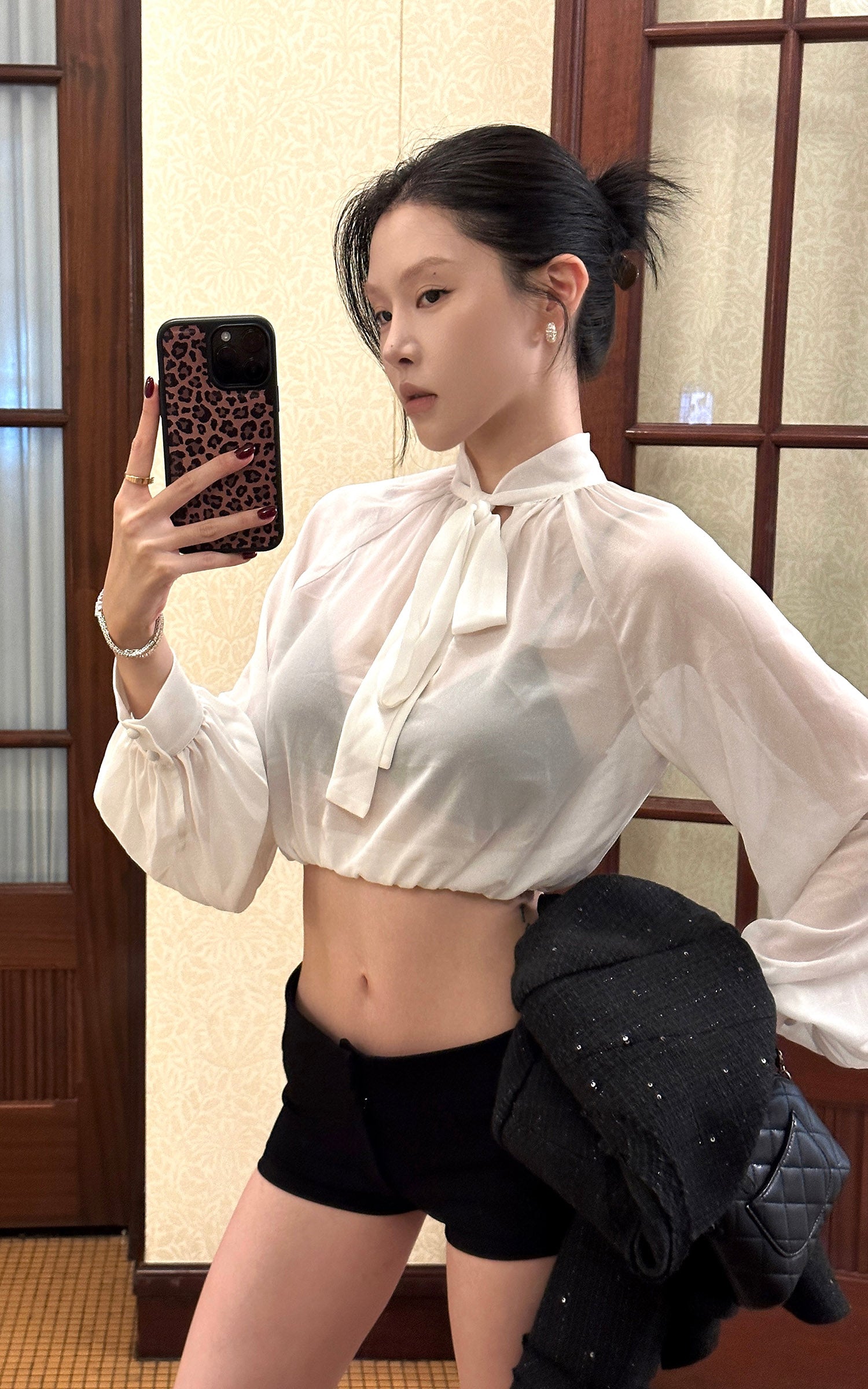 Hydrae Sheer Glitter High-Neck Draped Balloon-Sleeve Cropped Blouse