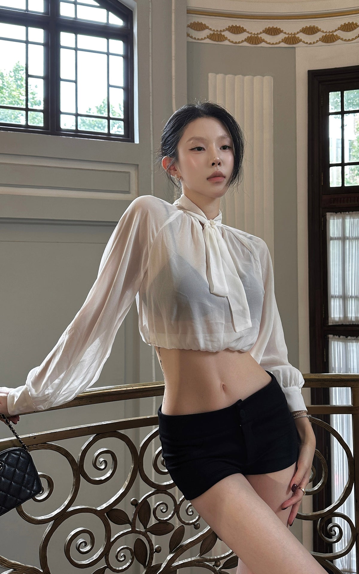 Hydrae Sheer Glitter High-Neck Draped Balloon-Sleeve Cropped Blouse