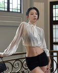 Hydrae Sheer Glitter High-Neck Draped Balloon-Sleeve Cropped Blouse