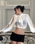 Hydrae Sheer Glitter High-Neck Draped Balloon-Sleeve Cropped Blouse