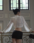 Hydrae Sheer Glitter High-Neck Draped Balloon-Sleeve Cropped Blouse