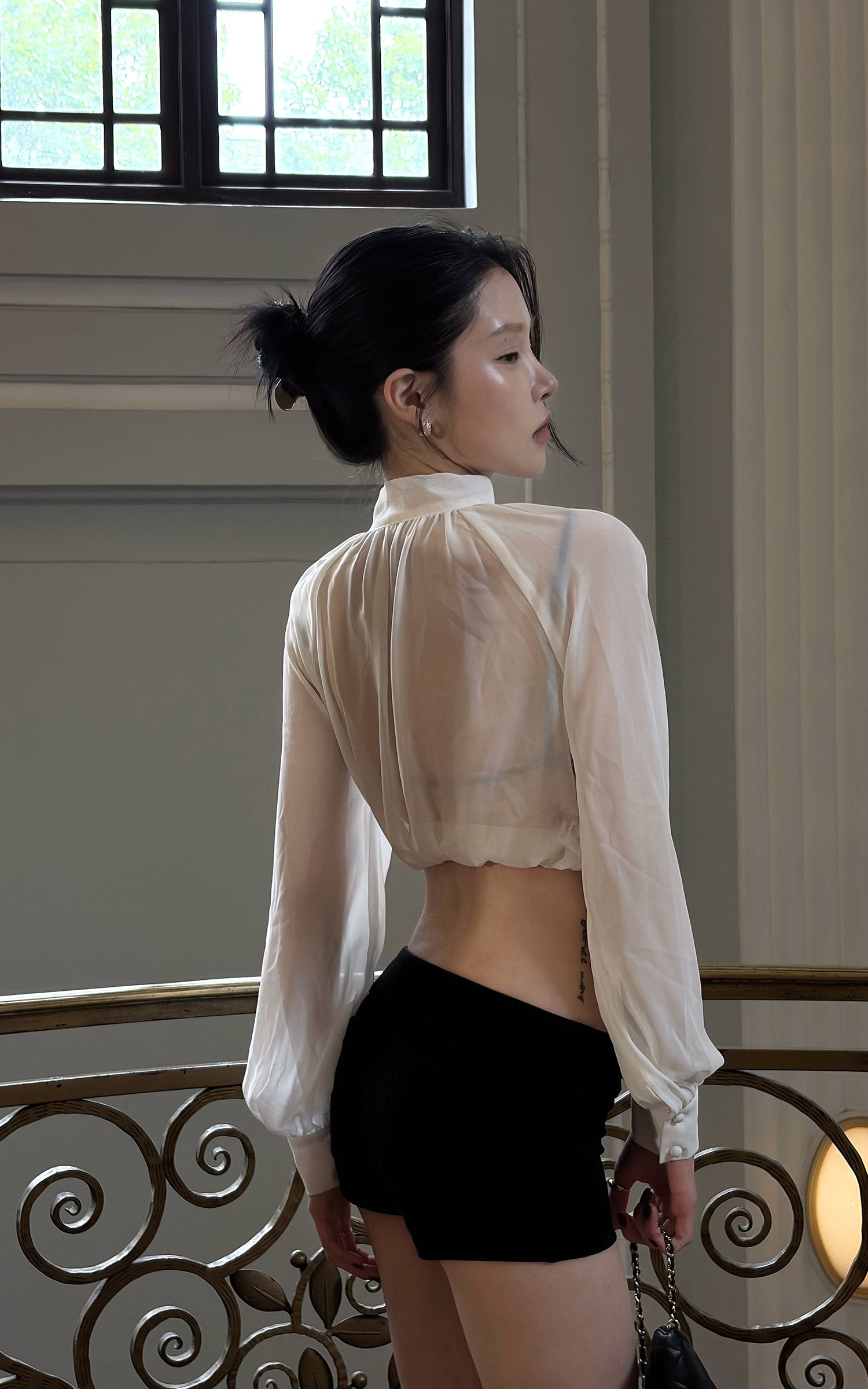 Hydrae Sheer Glitter High-Neck Draped Balloon-Sleeve Cropped Blouse
