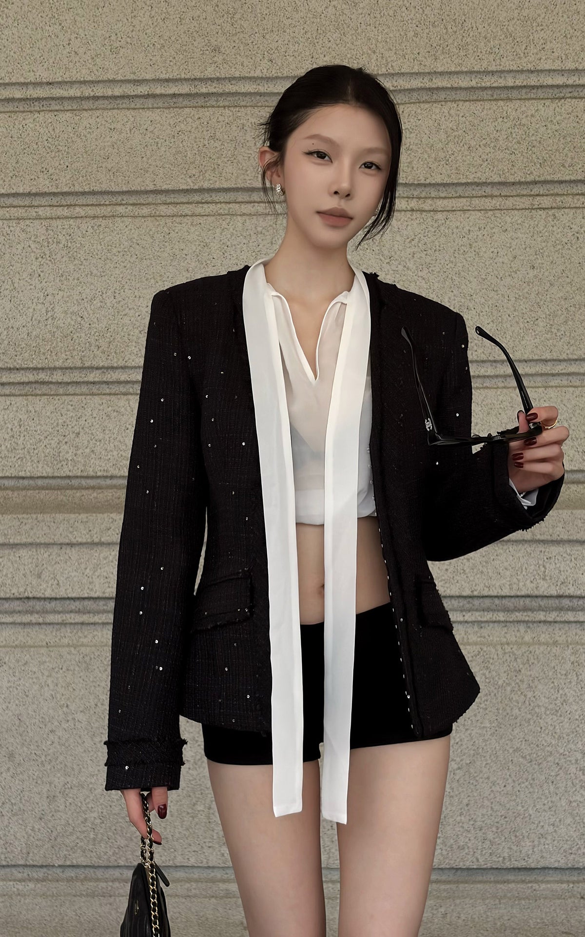 Hydrae Sequin Tweed Sculpted-Waist Deep V-Neck Tailored Fit Blazer