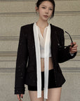 Hydrae Sequin Tweed Sculpted-Waist Deep V-Neck Tailored Fit Blazer