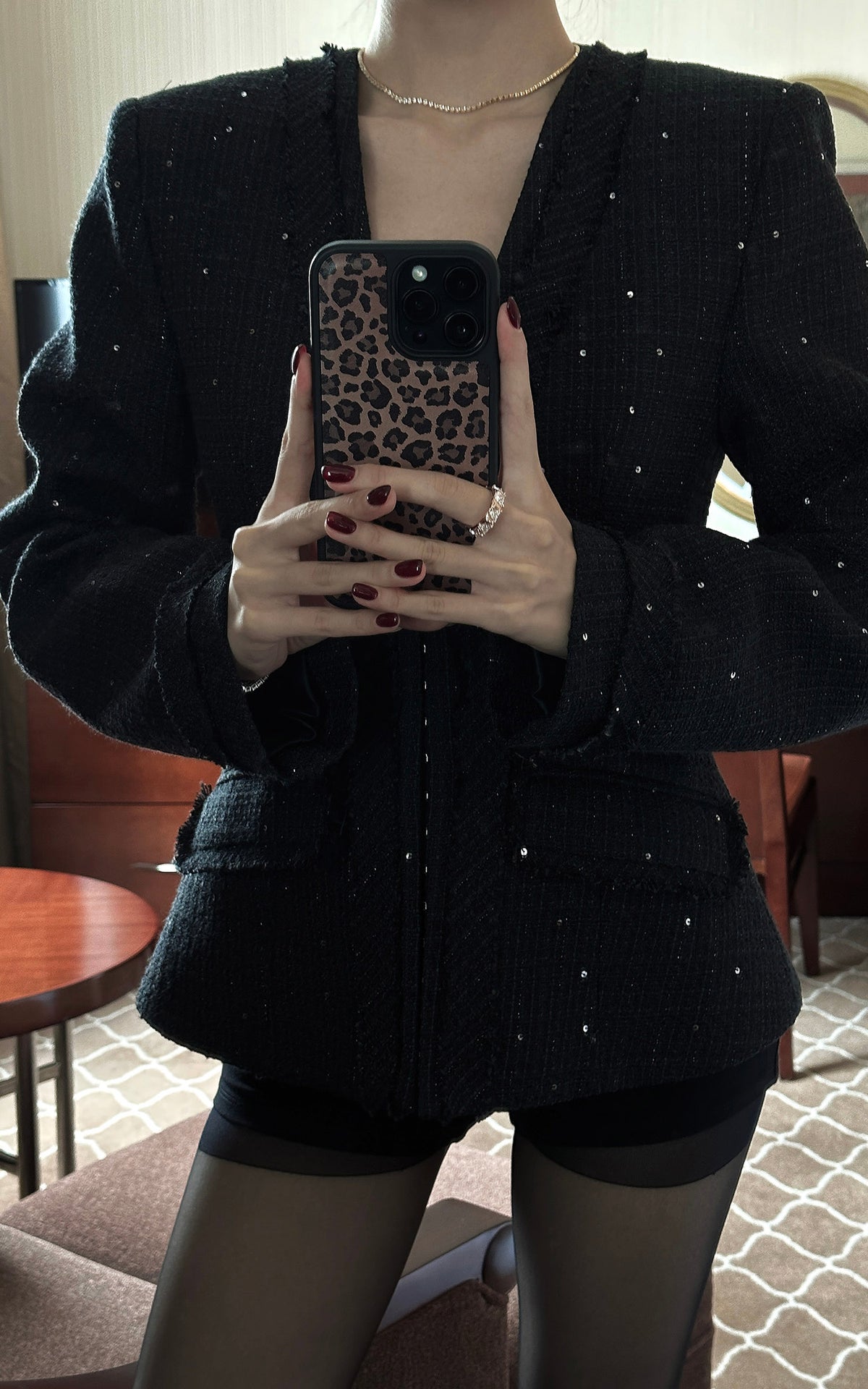 Hydrae Sequin Tweed Sculpted-Waist Deep V-Neck Tailored Fit Blazer
