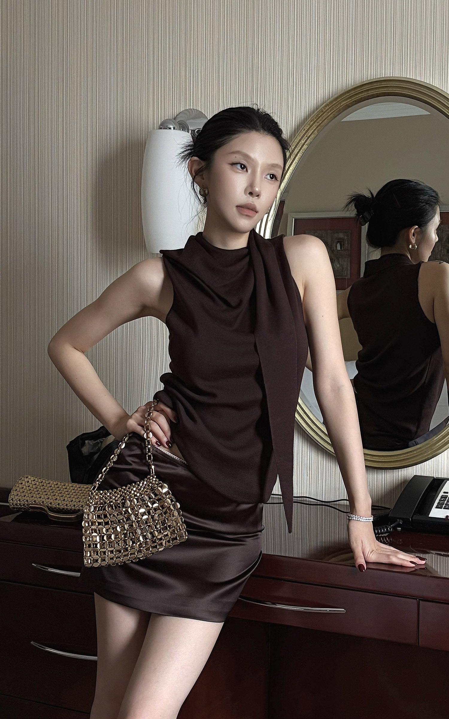 Hydrae Glossy Satin High Waist Asymmetric Mini Skirt
