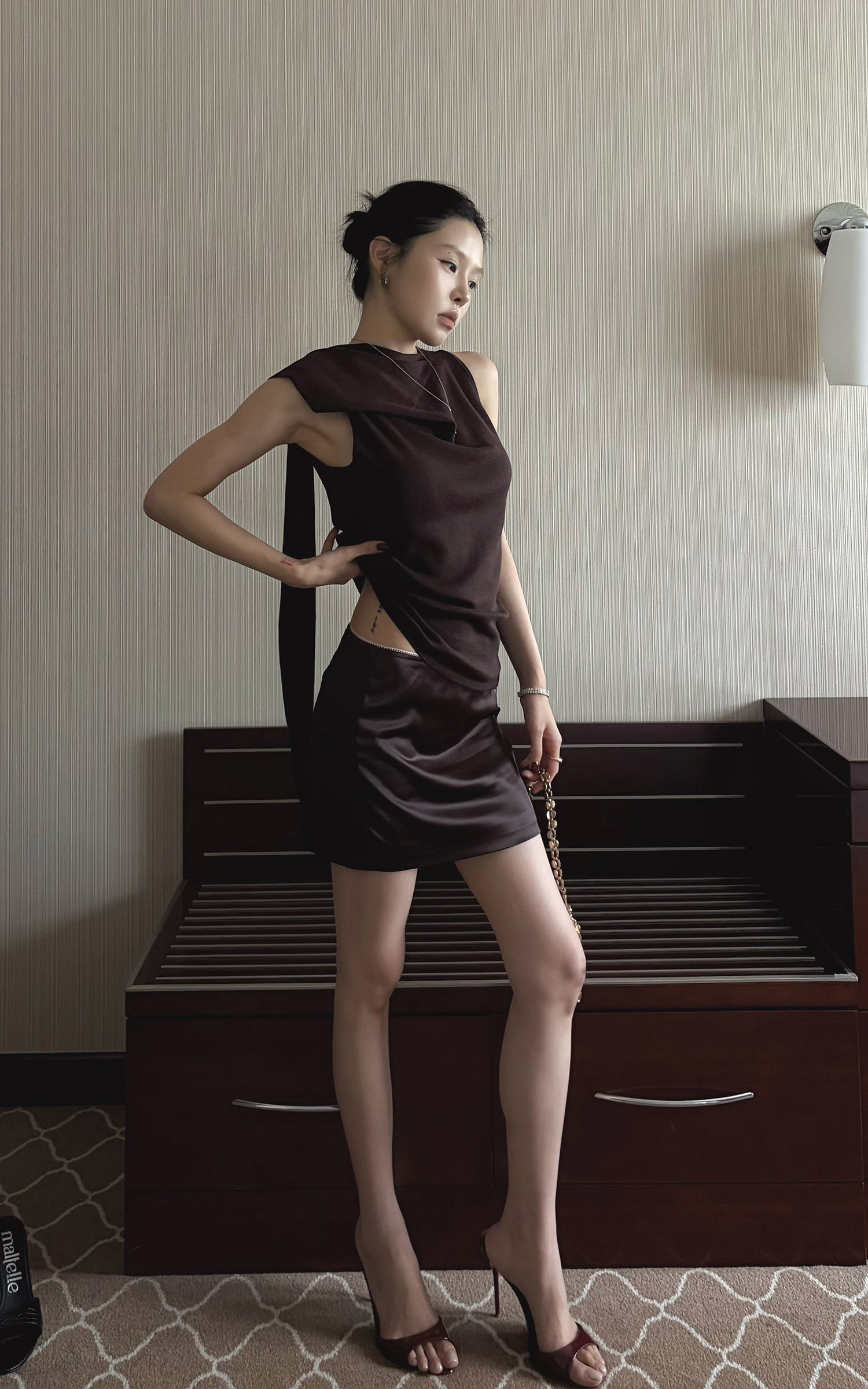 Hydrae Glossy Satin High Waist Asymmetric Mini Skirt