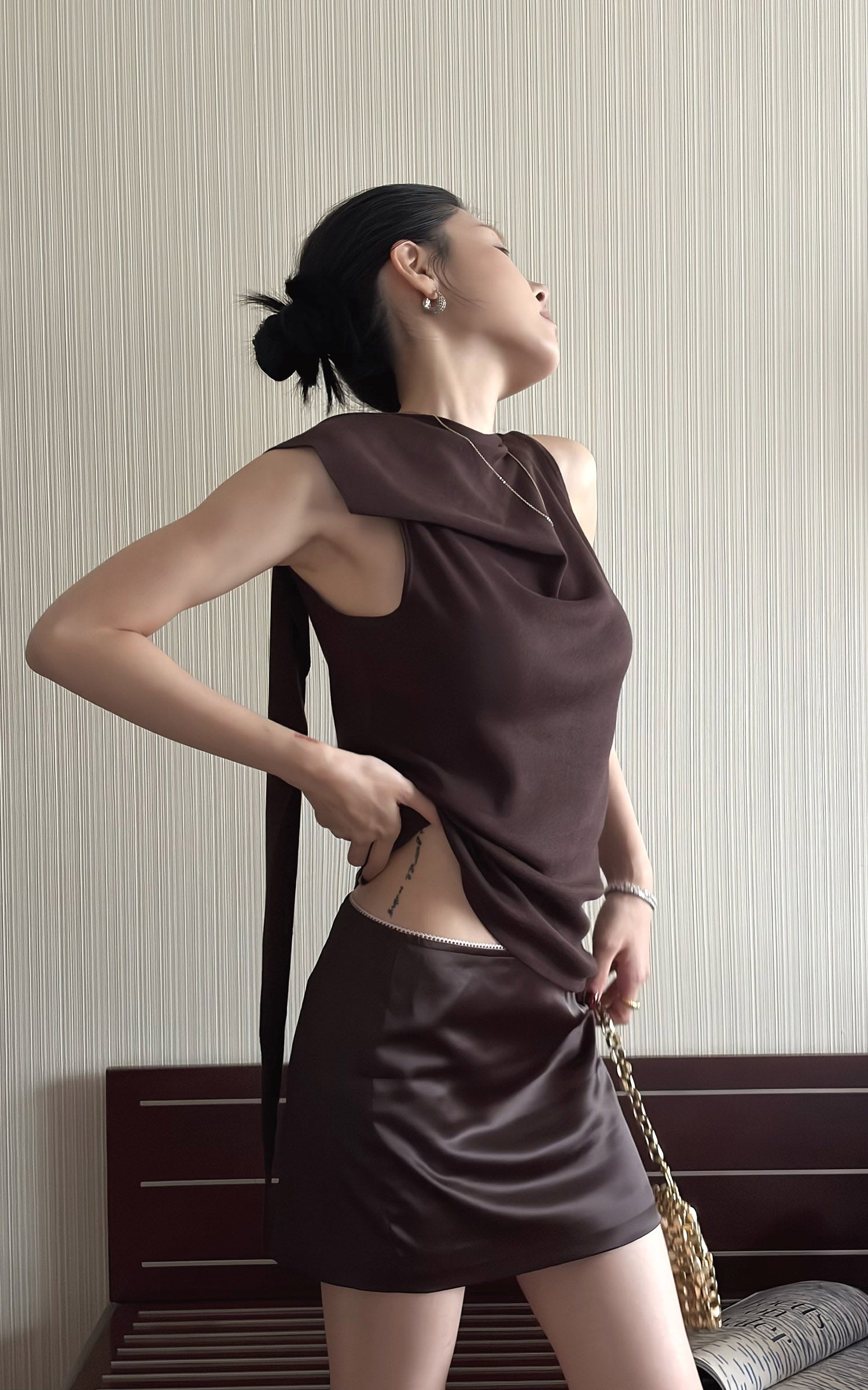 Hydrae Glossy Satin High Waist Asymmetric Mini Skirt