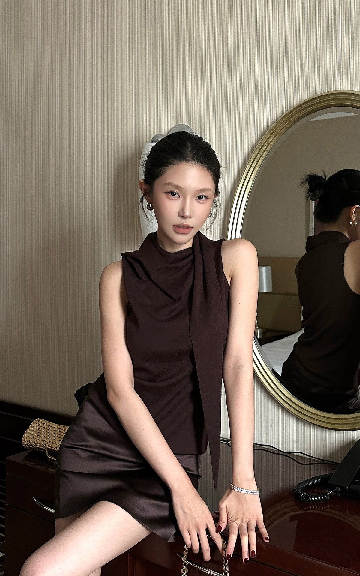 Hydrae Sculpted Drape High-Neck Scarf Detail Sleeveless Top