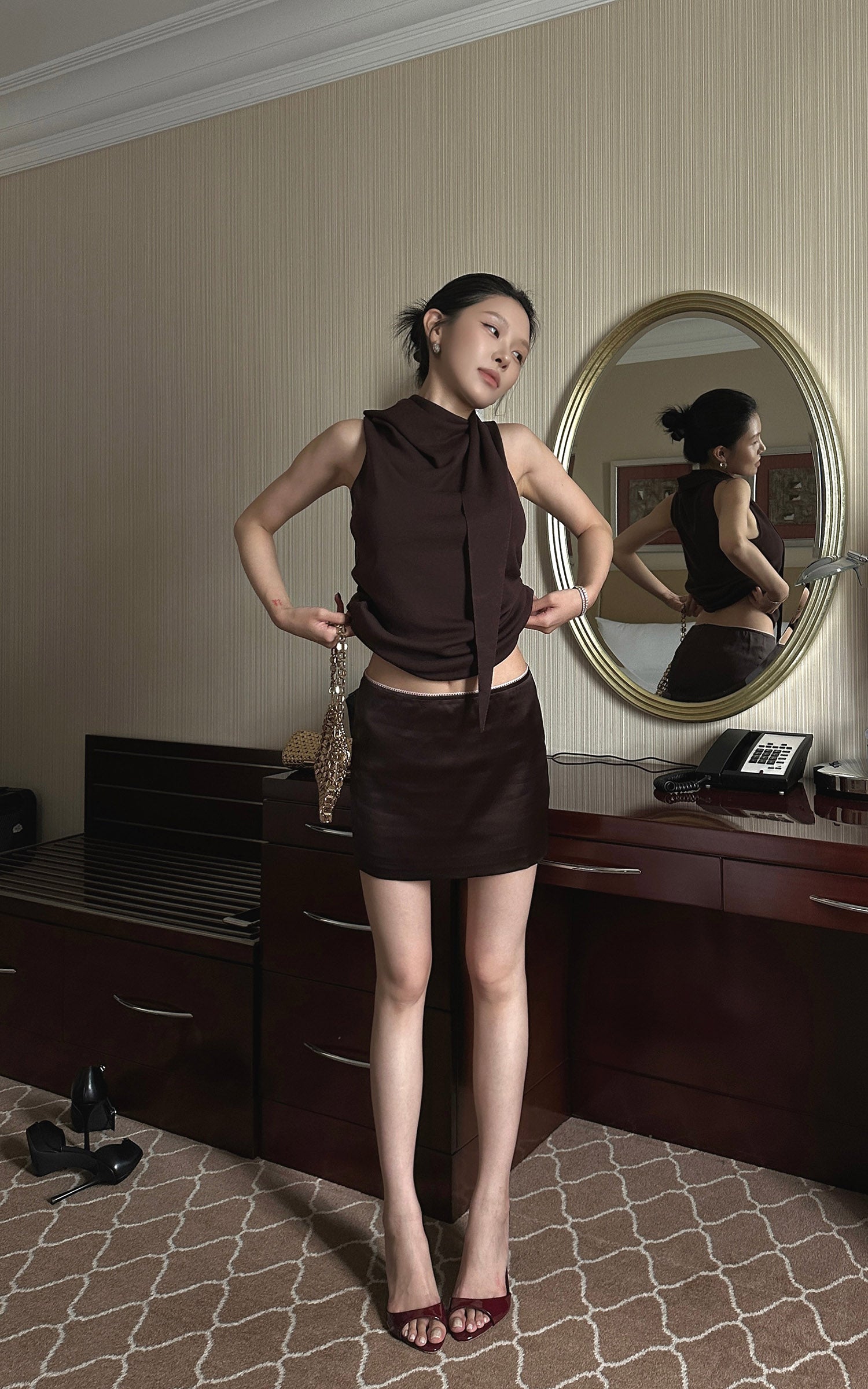 Hydrae Glossy Satin High Waist Asymmetric Mini Skirt