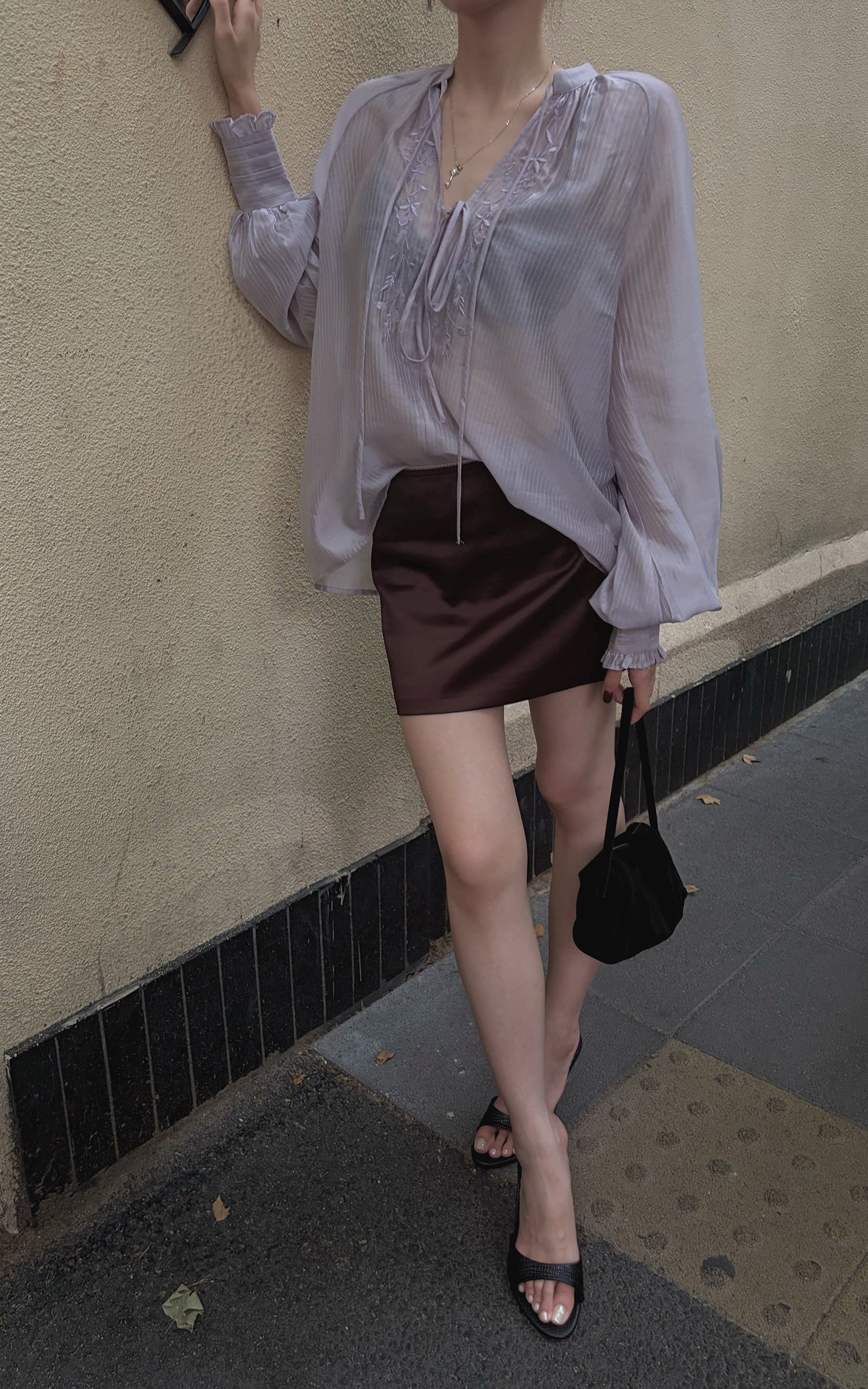 Hydrae Sheer Embroidered Tie-Front Blouse with Voluminous Sleeves