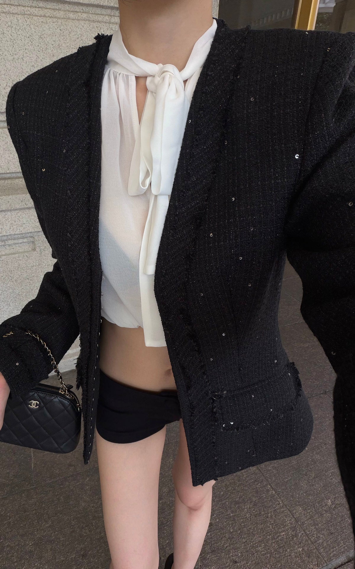 Hydrae Sequin Tweed Sculpted-Waist Deep V-Neck Tailored Fit Blazer