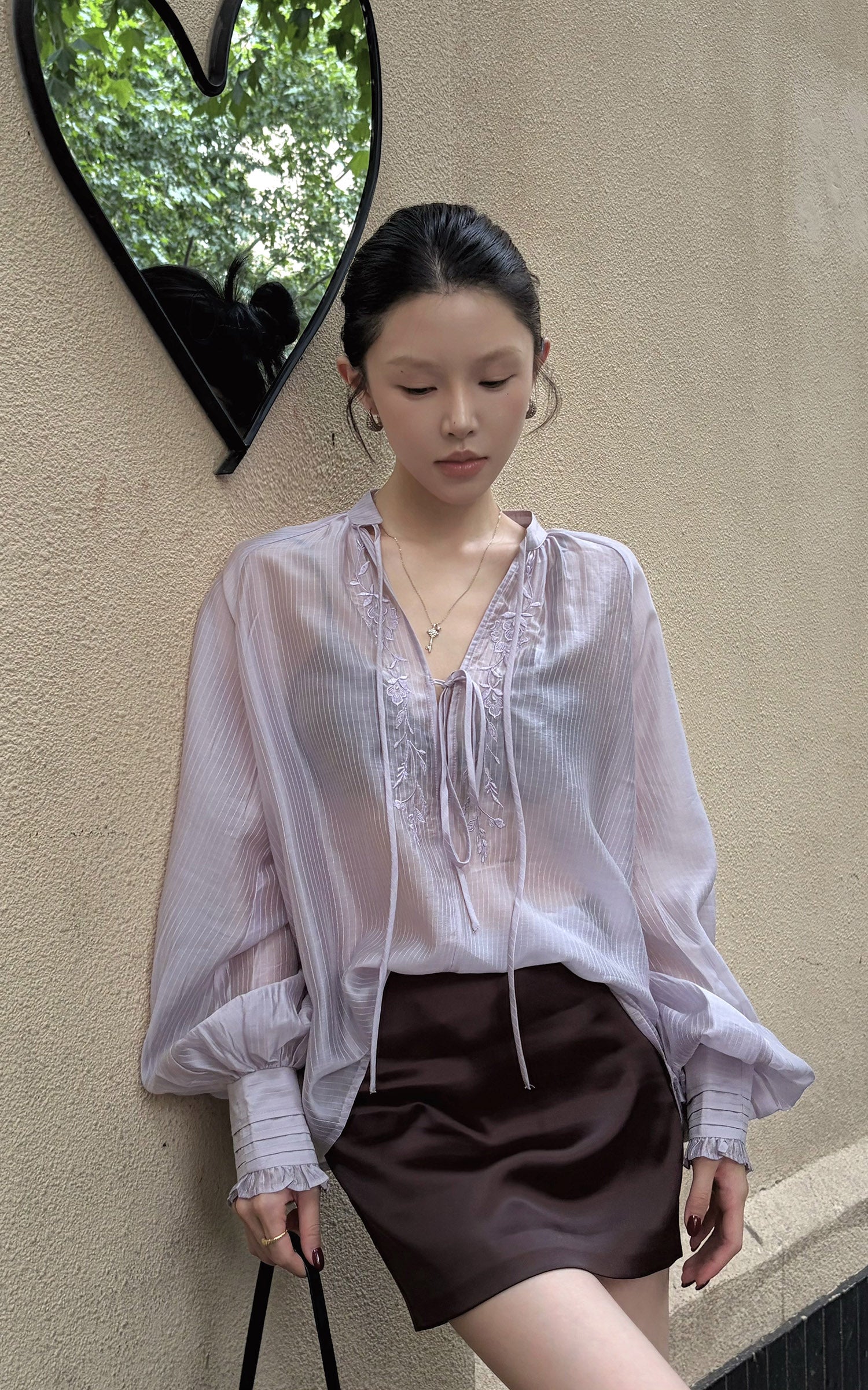 Hydrae Sheer Embroidered Tie-Front Blouse with Voluminous Sleeves