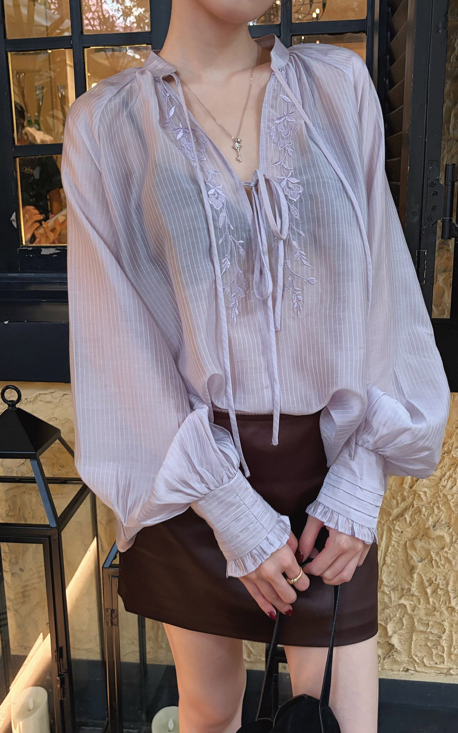 Hydrae Sheer Embroidered Tie-Front Blouse with Voluminous Sleeves