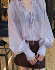 Hydrae Sheer Embroidered Tie-Front Blouse with Voluminous Sleeves
