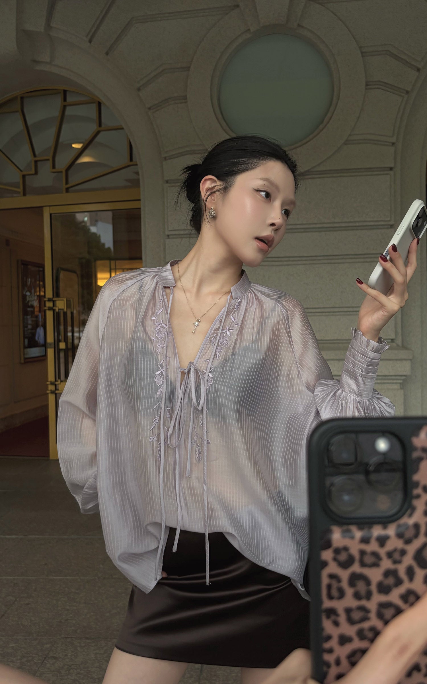 Hydrae Sheer Embroidered Tie-Front Blouse with Voluminous Sleeves