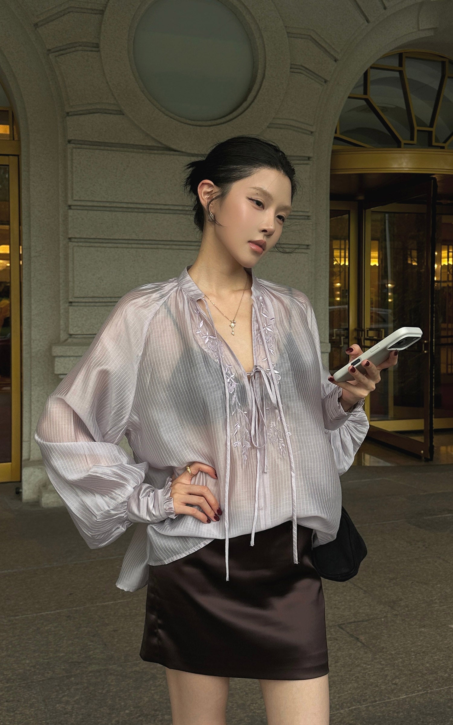 Hydrae Sheer Embroidered Tie-Front Blouse with Voluminous Sleeves