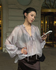Hydrae Sheer Embroidered Tie-Front Blouse with Voluminous Sleeves