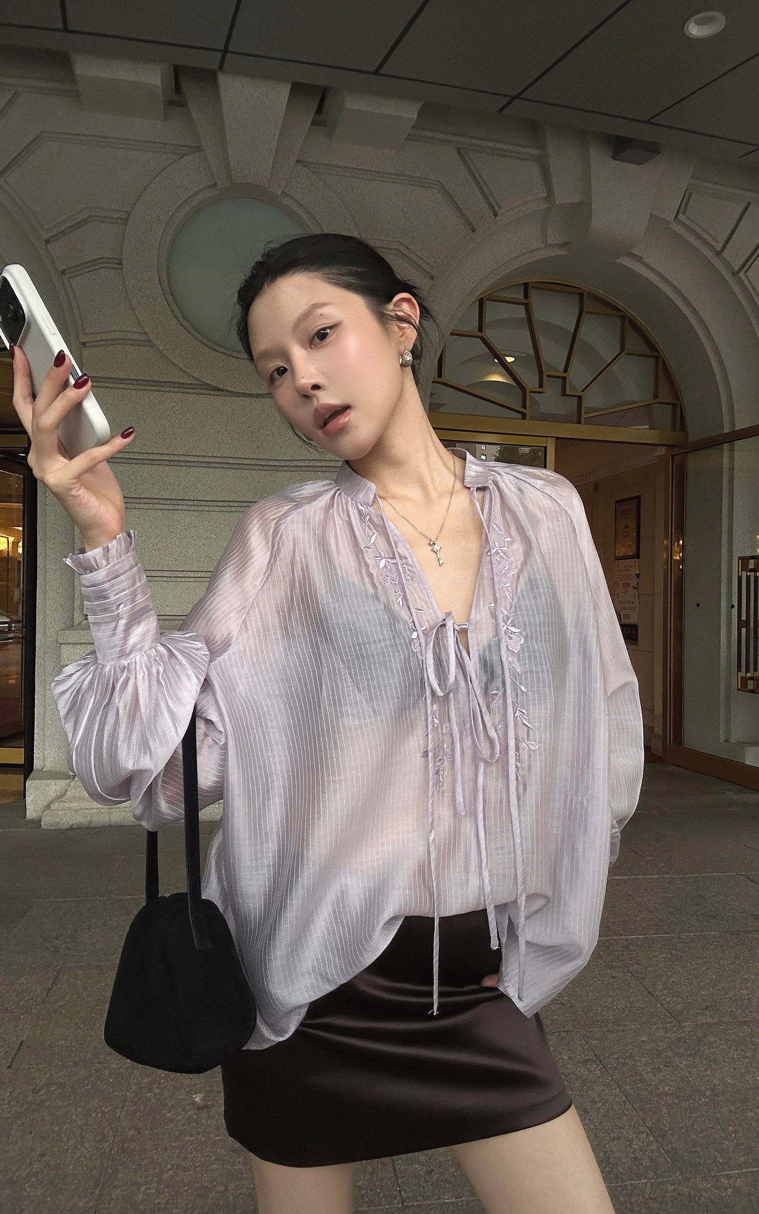 Hydrae Sheer Embroidered Tie-Front Blouse with Voluminous Sleeves