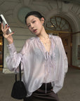 Hydrae Sheer Embroidered Tie-Front Blouse with Voluminous Sleeves
