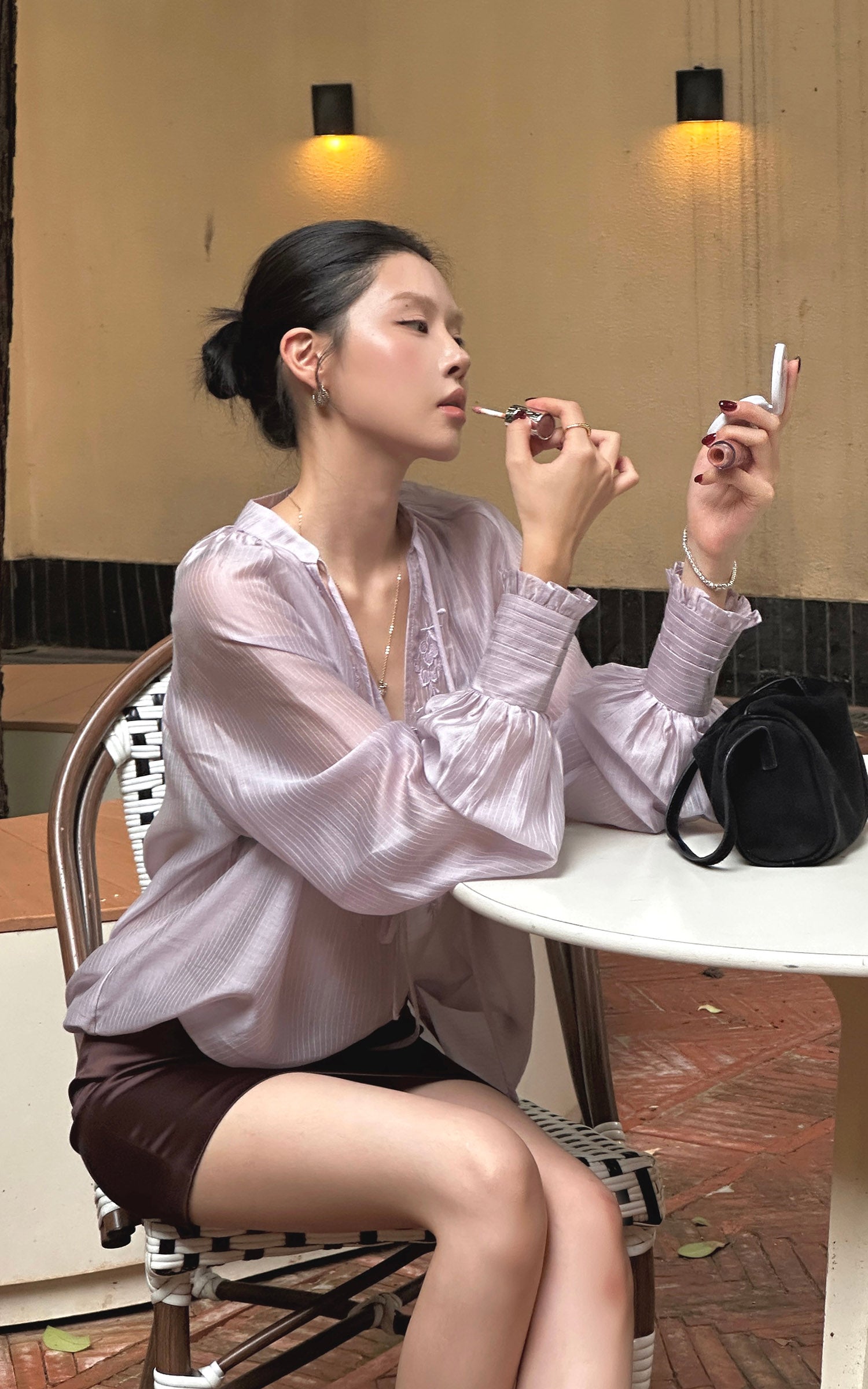 Hydrae Sheer Embroidered Tie-Front Blouse with Voluminous Sleeves