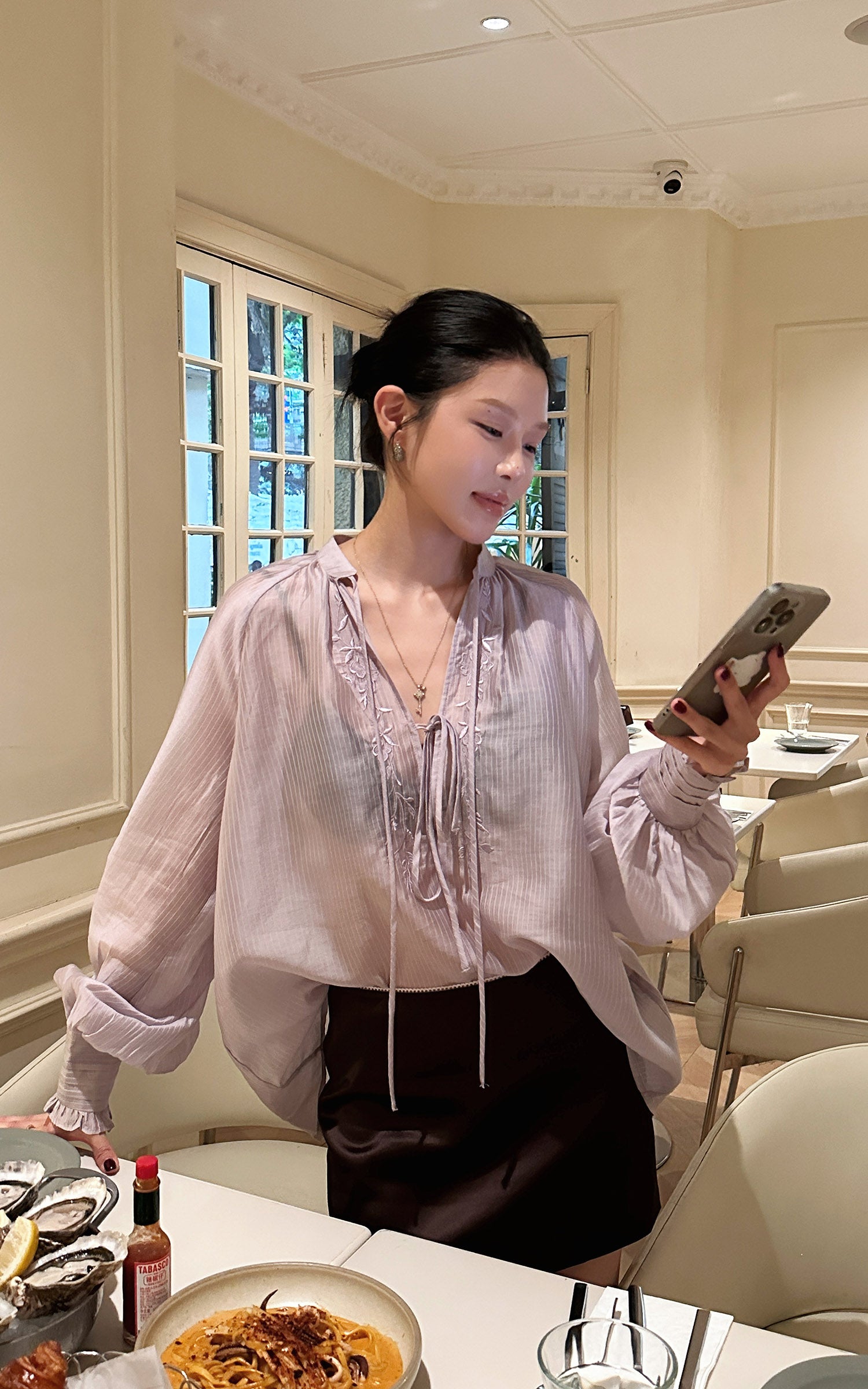 Hydrae Sheer Embroidered Tie-Front Blouse with Voluminous Sleeves
