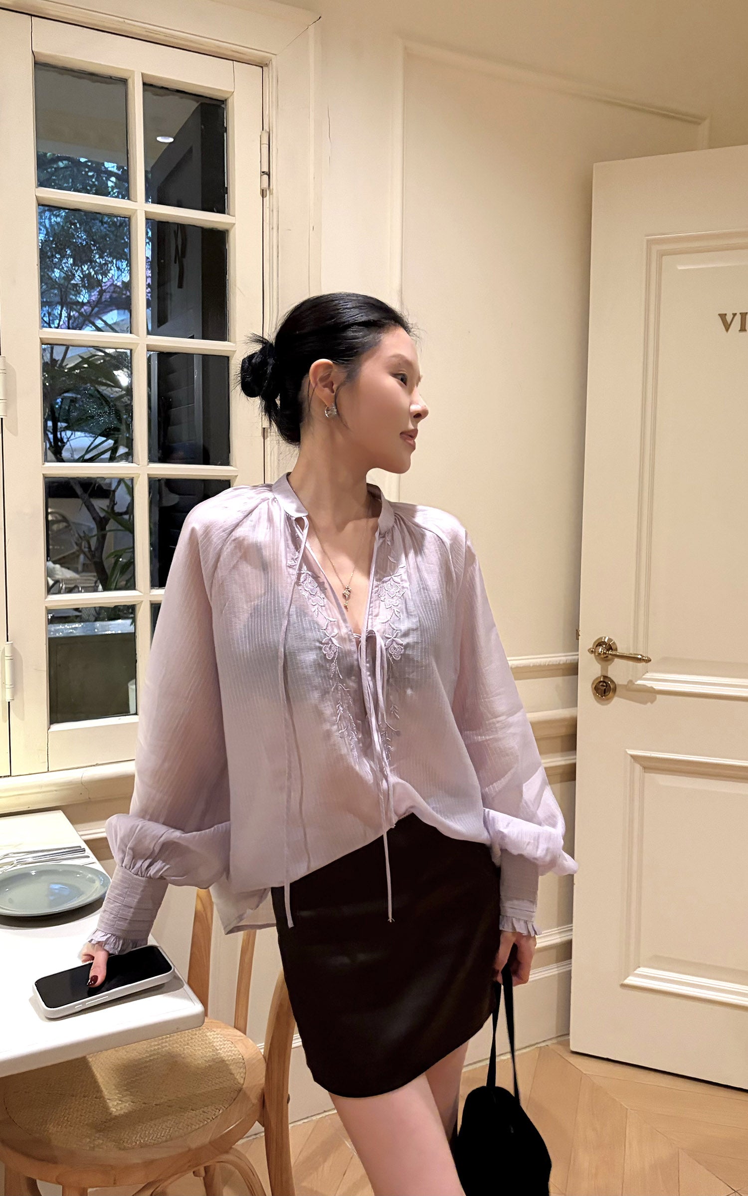 Hydrae Sheer Embroidered Tie-Front Blouse with Voluminous Sleeves