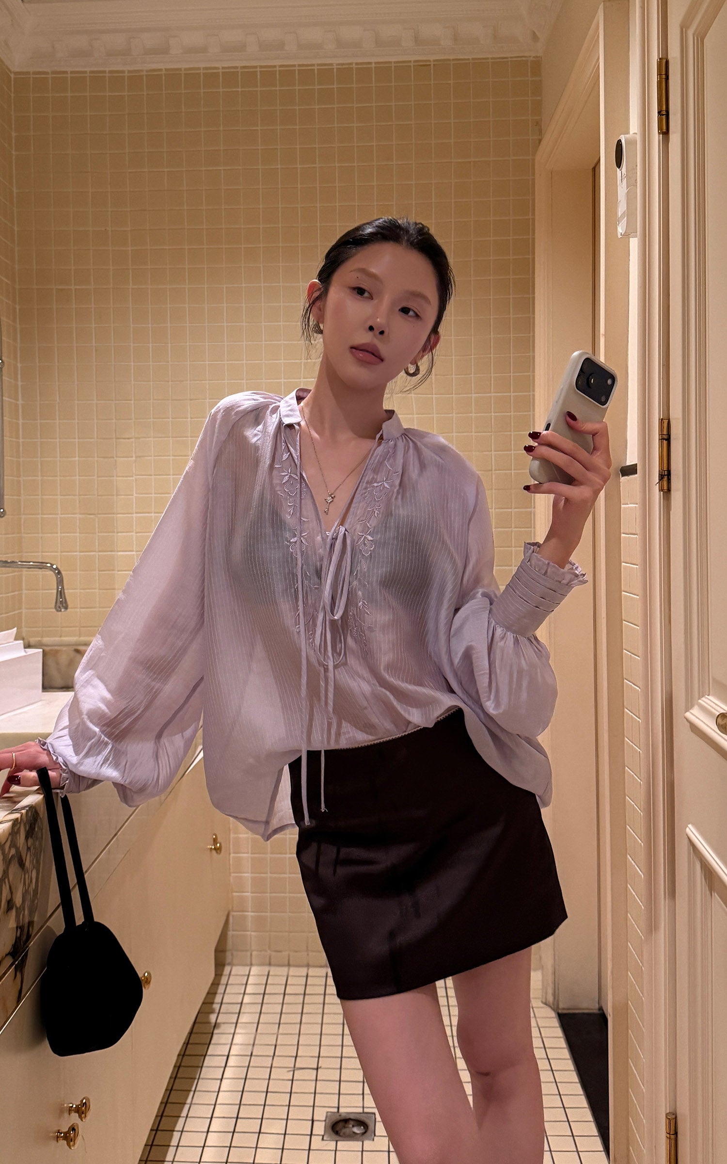 Hydrae Sheer Embroidered Tie-Front Blouse with Voluminous Sleeves
