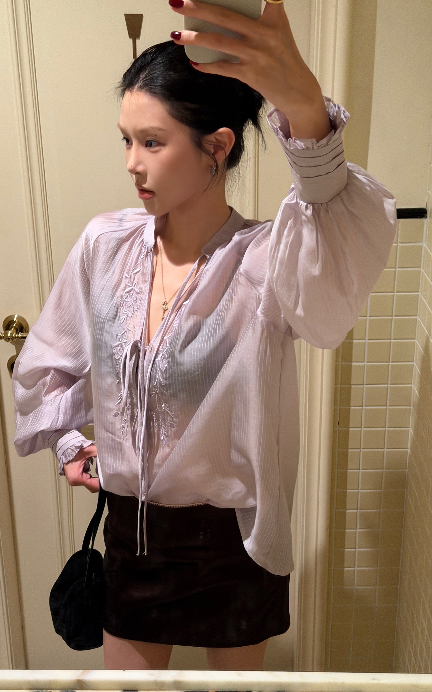 Hydrae Sheer Embroidered Tie-Front Blouse with Voluminous Sleeves