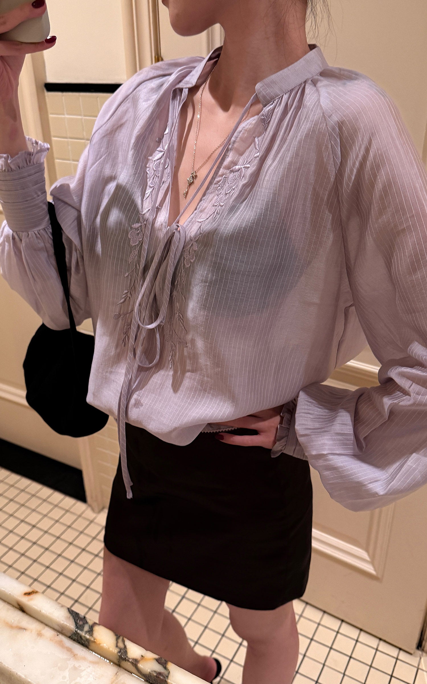 Hydrae Sheer Embroidered Tie-Front Blouse with Voluminous Sleeves