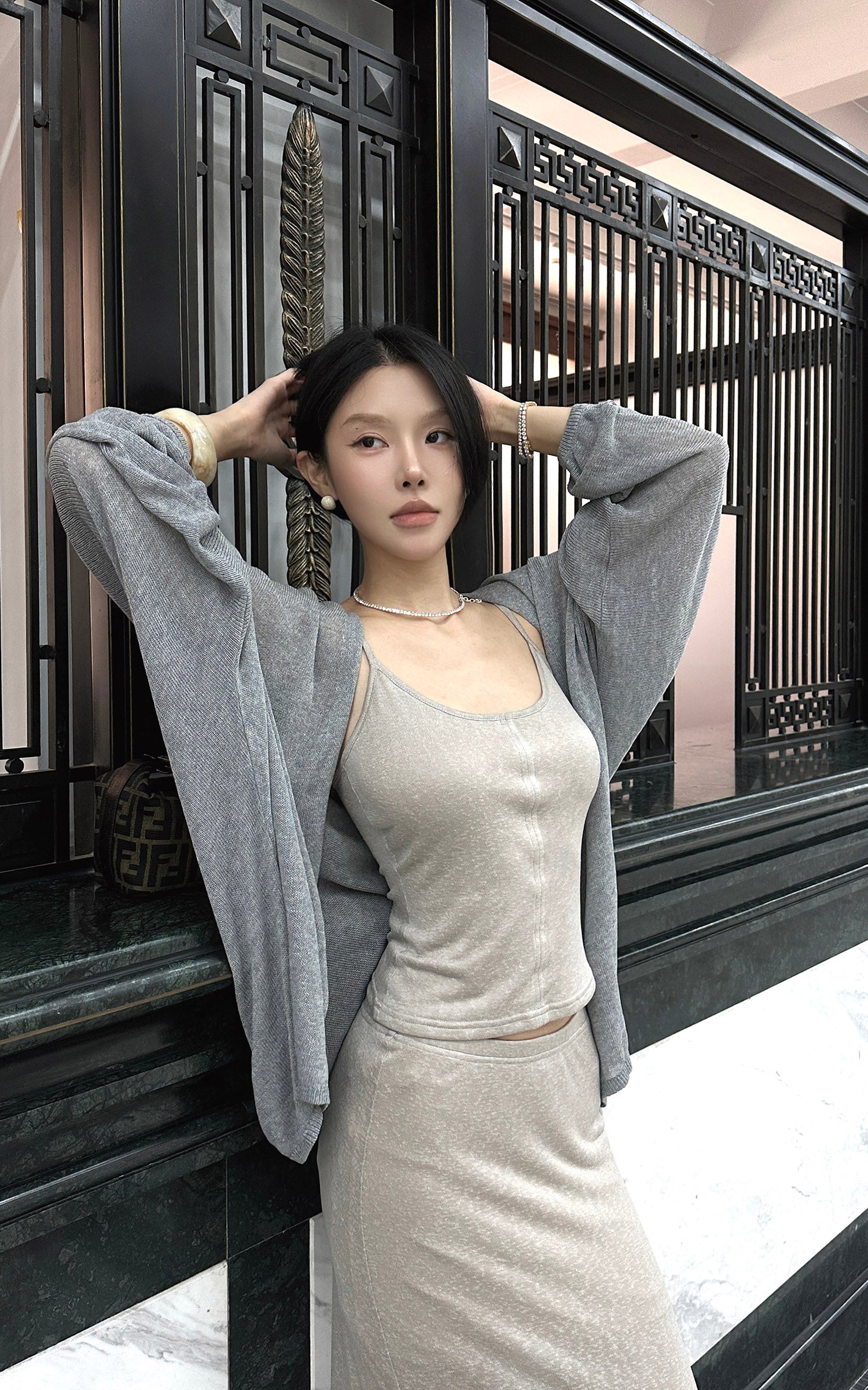 Hydrae Soft Sheer Knit Camisole &amp; Low-Rise Floor-Length Column Skirt Two-Piece Set