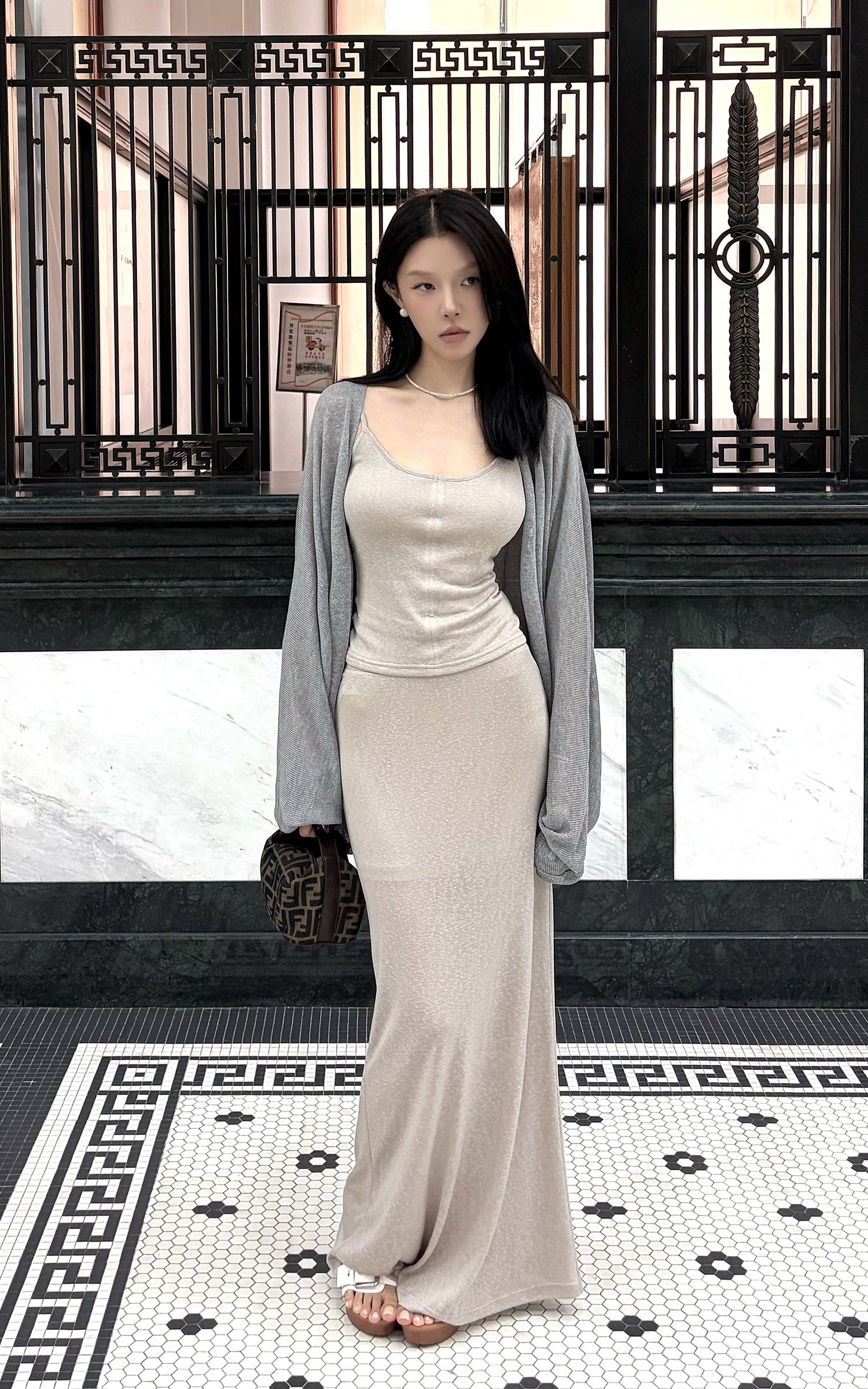 Hydrae Soft Sheer Knit Camisole &amp; Low-Rise Floor-Length Column Skirt Two-Piece Set
