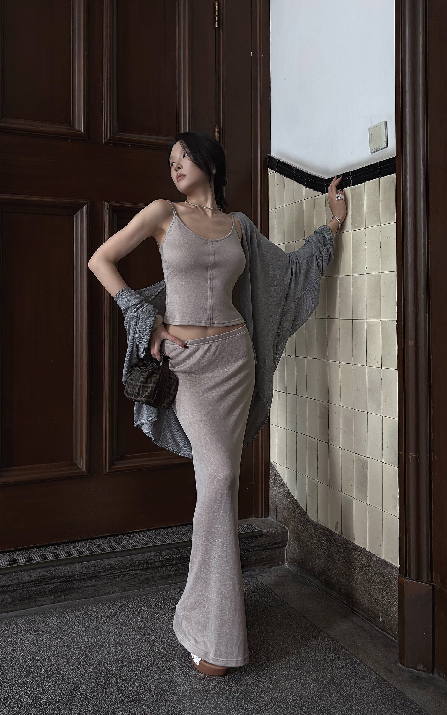 Hydrae Soft Sheer Knit Camisole &amp; Low-Rise Floor-Length Column Skirt Two-Piece Set
