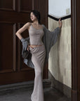 Hydrae Soft Sheer Knit Camisole & Low-Rise Floor-Length Column Skirt Two-Piece Set