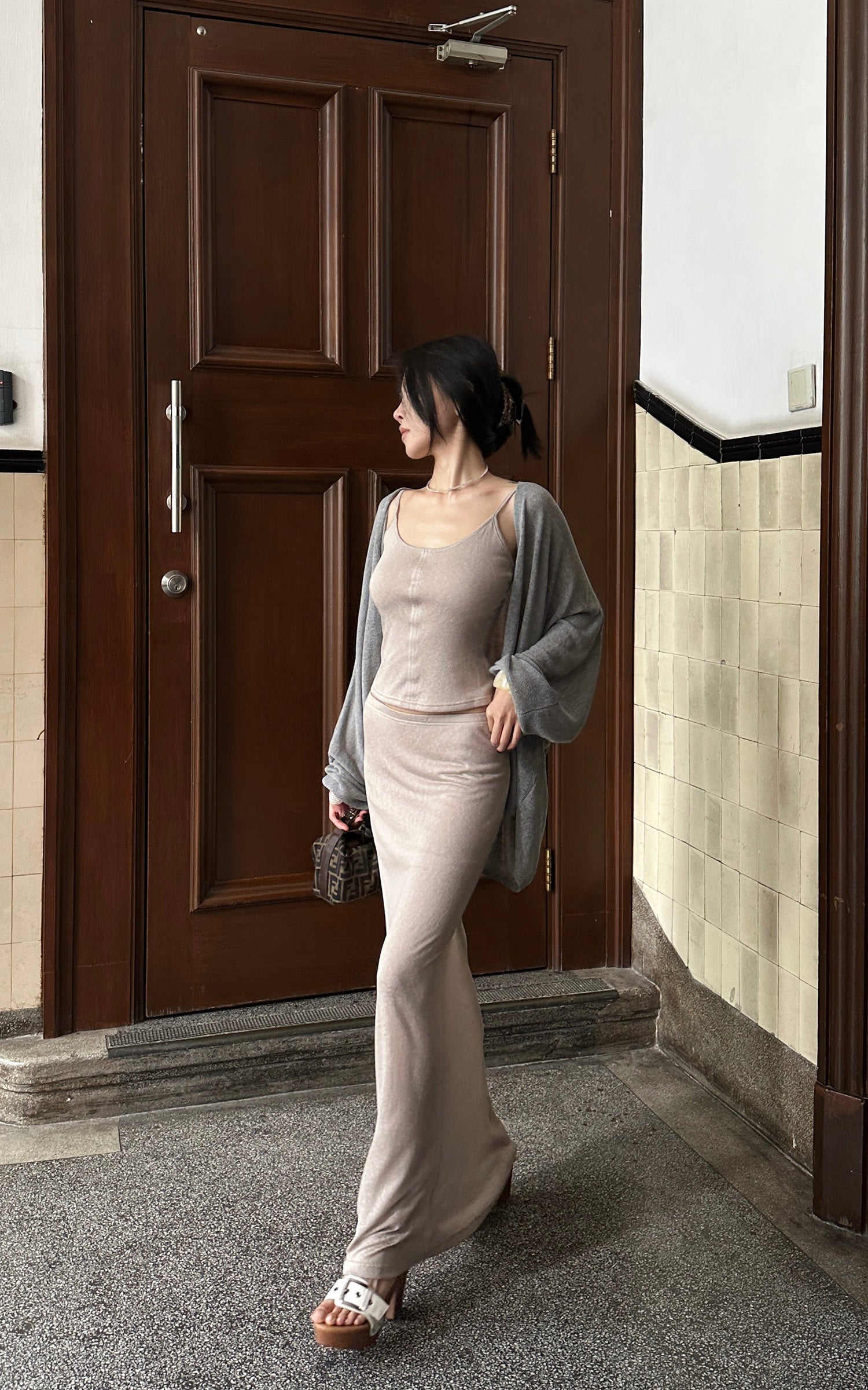 Hydrae Soft Sheer Knit Camisole &amp; Low-Rise Floor-Length Column Skirt Two-Piece Set
