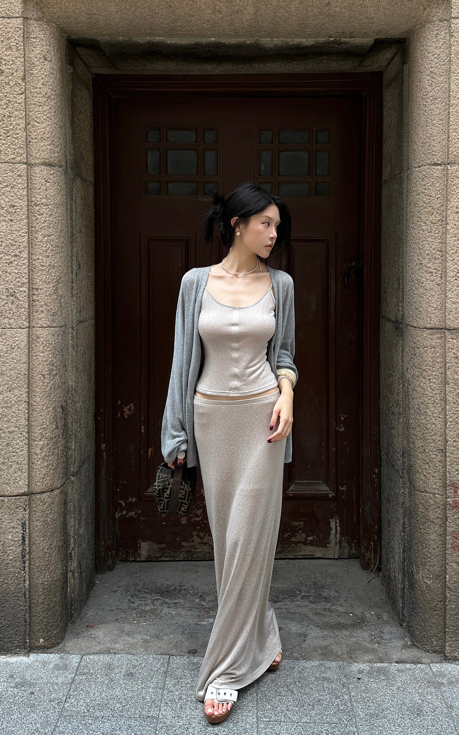 Hydrae Soft Sheer Knit Camisole &amp; Low-Rise Floor-Length Column Skirt Two-Piece Set