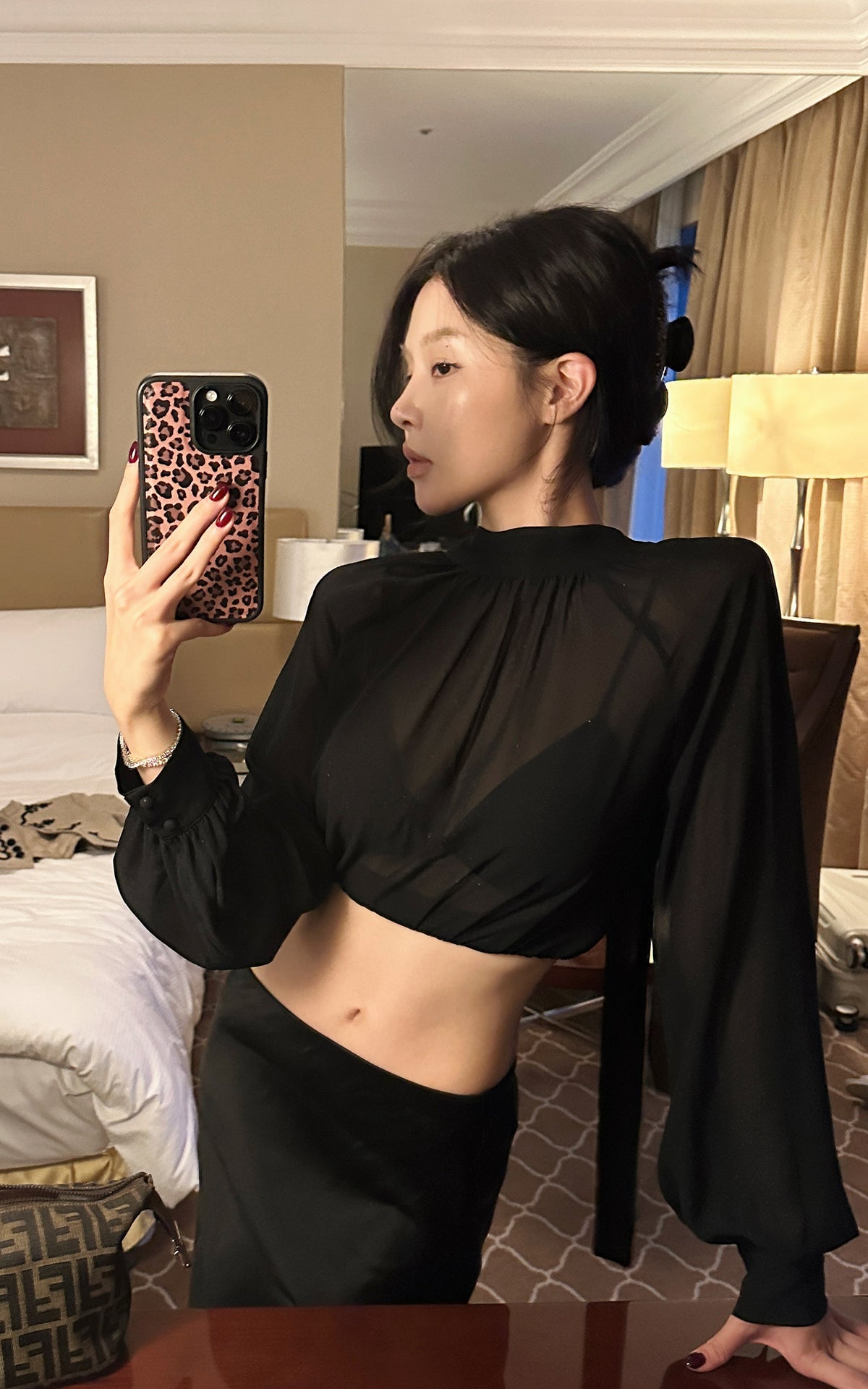 Hydrae Sheer Glitter High-Neck Draped Balloon-Sleeve Cropped Blouse