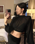 Hydrae Sheer Glitter High-Neck Draped Balloon-Sleeve Cropped Blouse