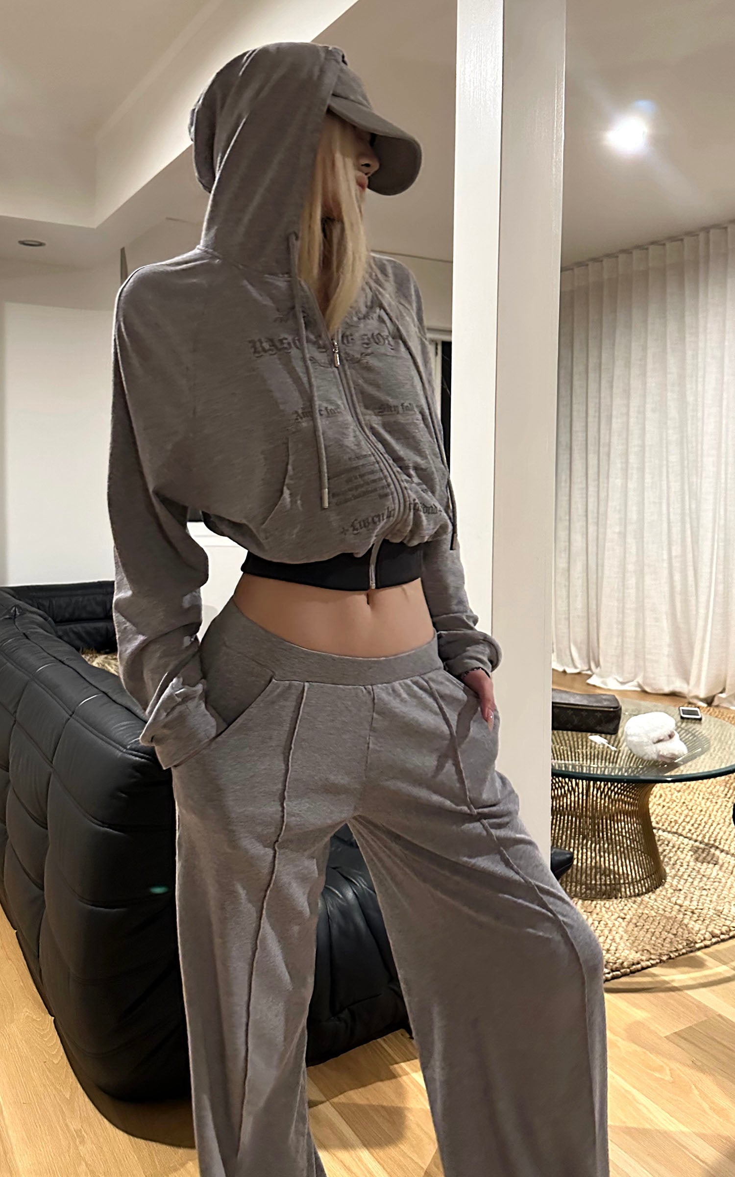 Rase le sol Sweat à capuche zippé imprimé &amp; Ensemble pantalon de survêtement à jambe large
