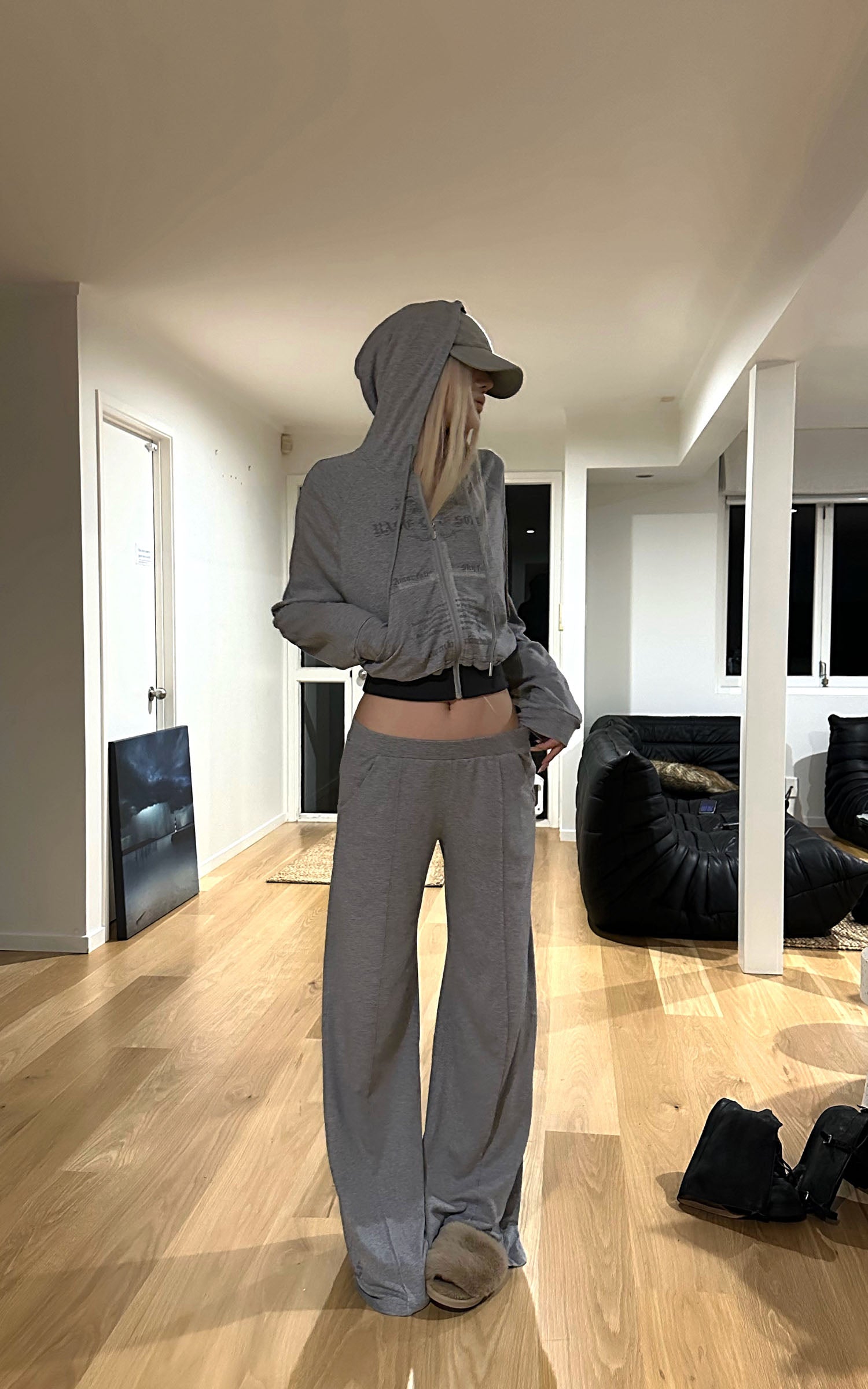 Rase le sol Sweat à capuche zippé imprimé &amp; Ensemble pantalon de survêtement à jambe large