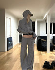 Rase le sol Sweat à capuche zippé imprimé & Ensemble pantalon de survêtement à jambe large