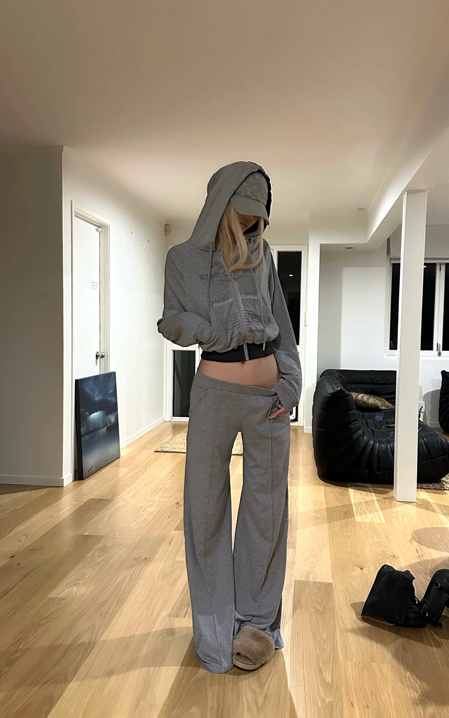 Rase le sol Sweat à capuche zippé imprimé &amp; Ensemble pantalon de survêtement à jambe large
