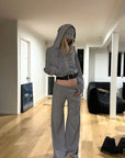 Rase le sol Sweat à capuche zippé imprimé & Ensemble pantalon de survêtement à jambe large