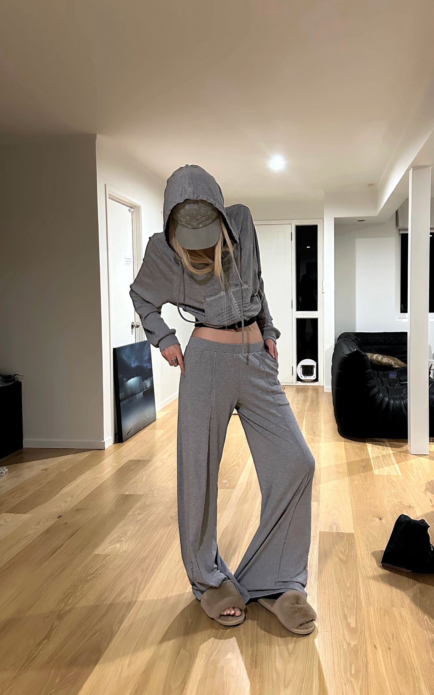 Rase le sol Sweat à capuche zippé imprimé &amp; Ensemble pantalon de survêtement à jambe large