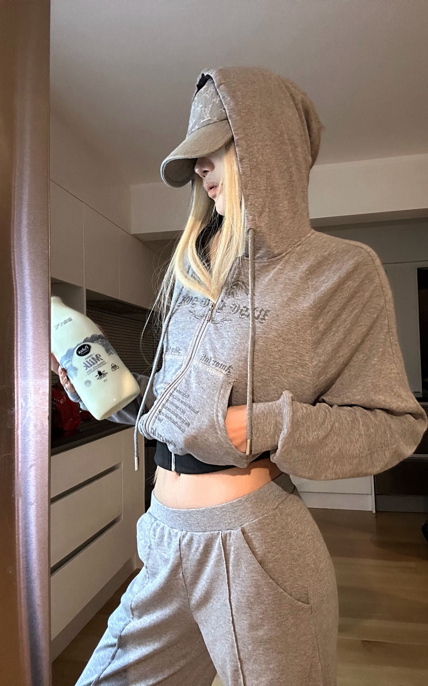 Rase le sol Sweat à capuche zippé imprimé &amp; Ensemble pantalon de survêtement à jambe large